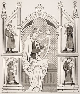 Le roi David jouant de la lyre entouré de quatre musiciens, d